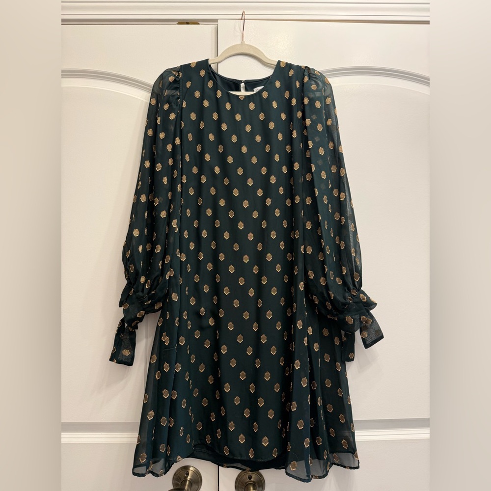 Calvin Klein Emerald Green Long Sleeve Dress with Gold Print size 14